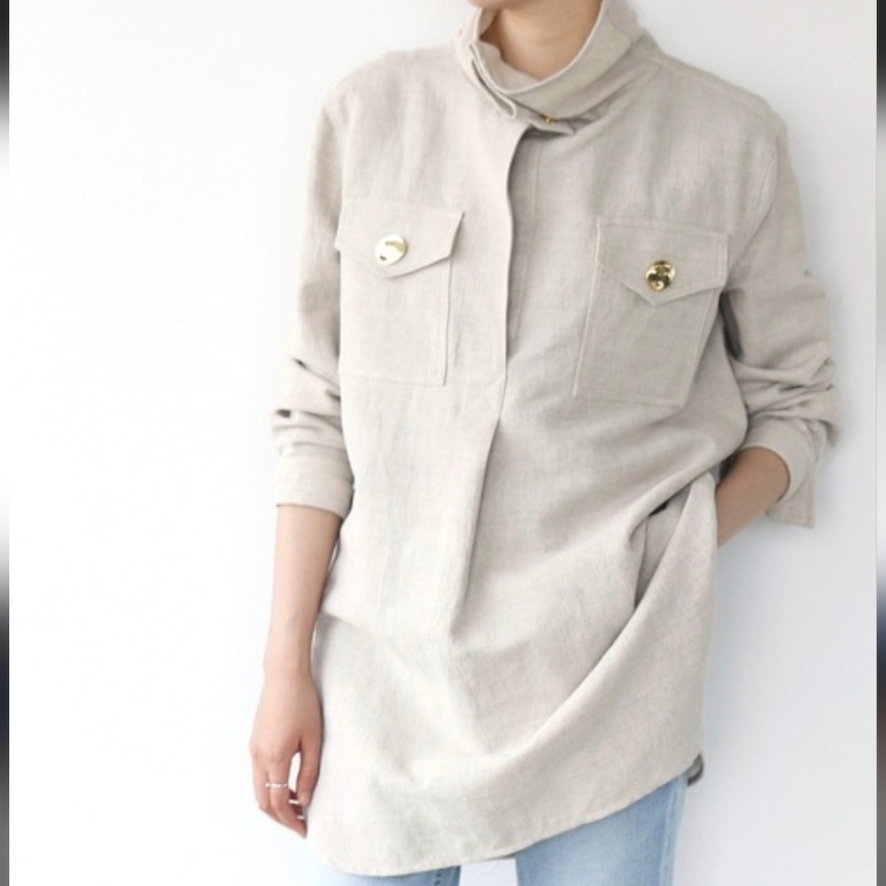BY MALENE BIRGER Bellah canvas linen turtleneck tunic in ecru beige gold US 2